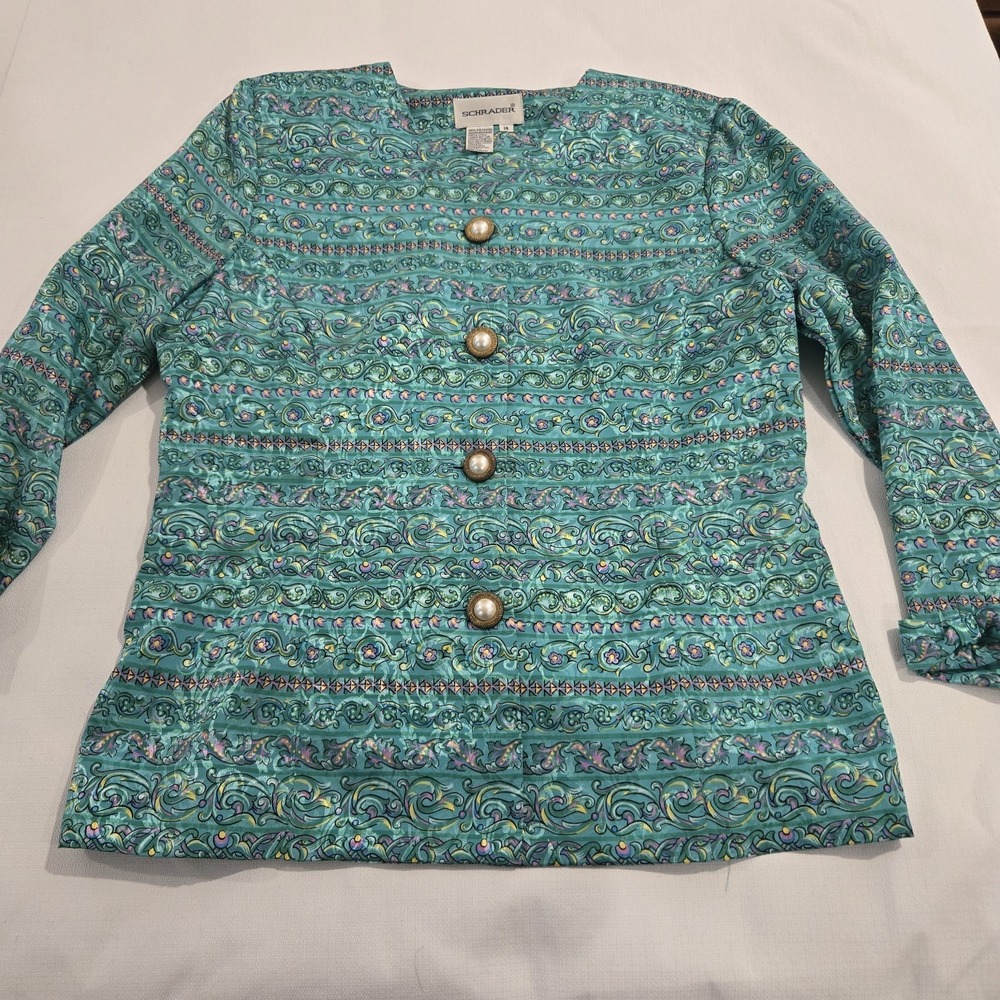 VTG Schrader Women's Button Up Top Teal Floral Abstract Linear Pattern 14